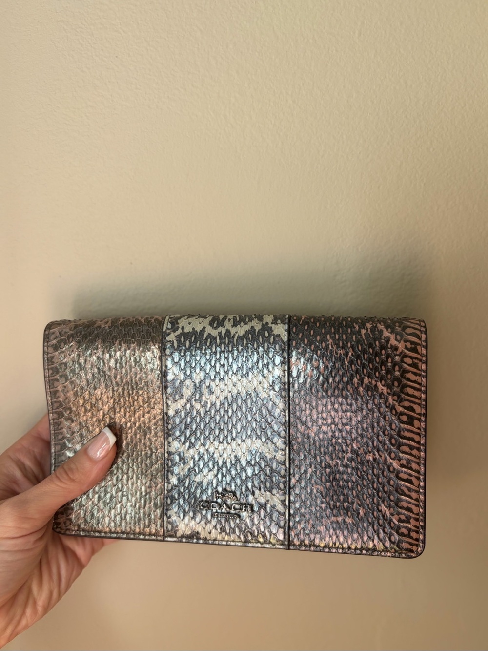Coach 12073 Foldover Crossbody Clutch Striped Mixed Snakeskin Gray Pink No Strap